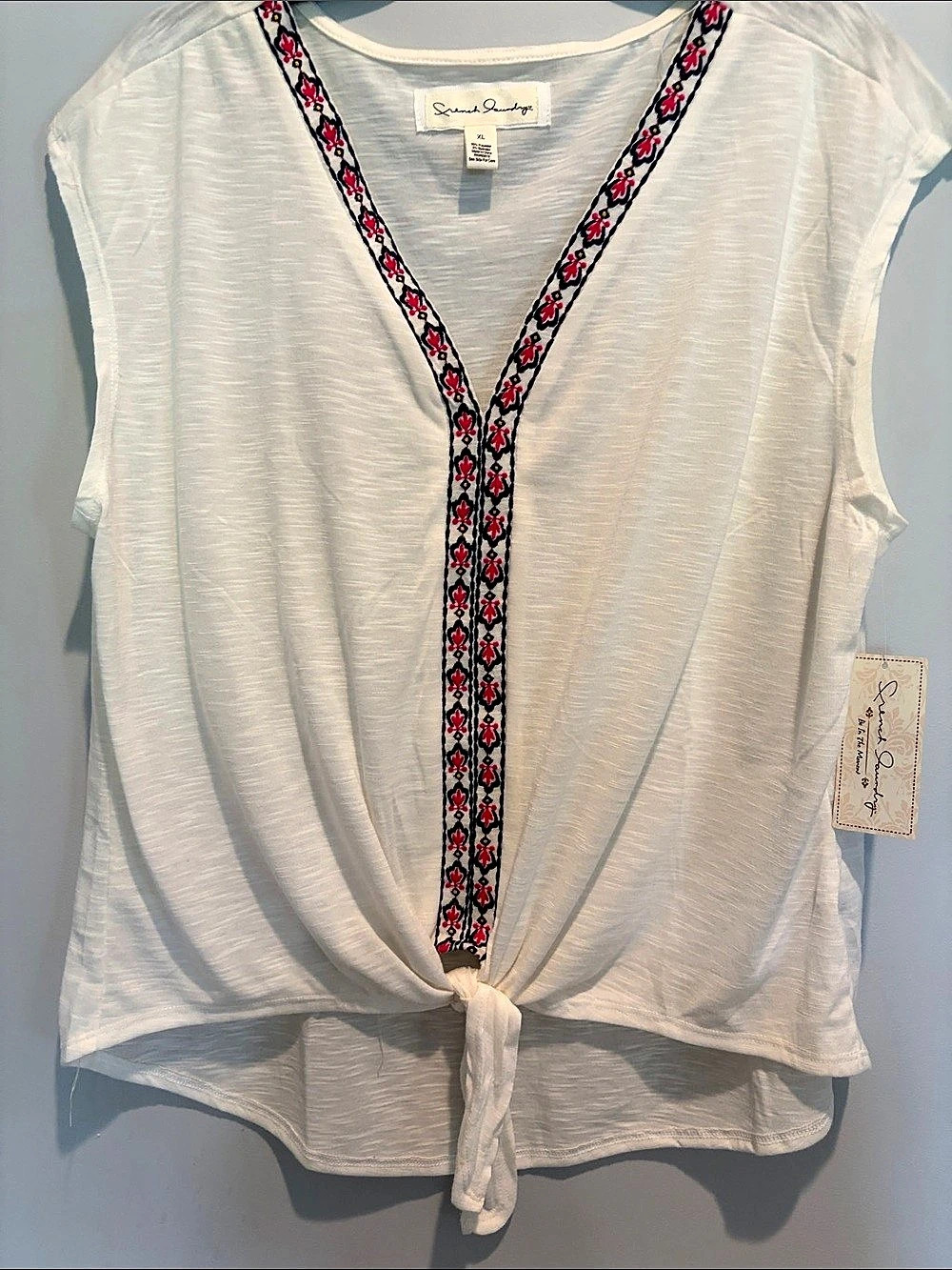 French Laundry Embroidered Trim Tie-Hem Blouse in White Size XL NWT